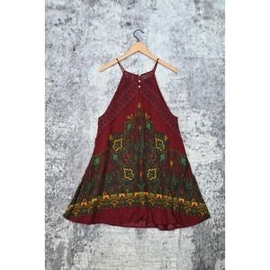 Free People Red Wine Crochet Paisley Print Sleeveless A Line Mini Dress Size L